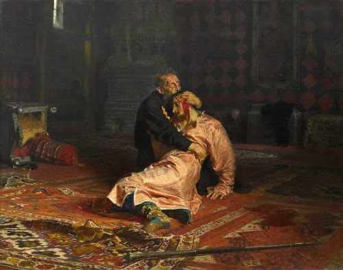 What was the name of the tsarevitch, son of Ivan the Terrible, who dies in the scene depicted in this great painting by Ilya Repin?