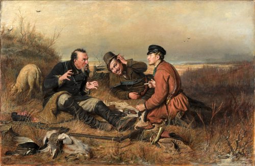 How many variants of "Hunters on a resting place" are in different museums of Russia and Ukraine?
